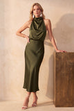 Halter Olive Sheath Draped Satin Midi Wedding Guest Dress