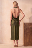Halter Olive Sheath Draped Satin Midi Wedding Guest Dress