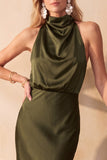 Halter Olive Sheath Draped Satin Midi Wedding Guest Dress