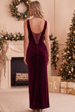 Velvet Sheath Burgundy Boat Neck Long Formal Dress with Slit