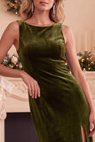 Velvet Sheath Burgundy Boat Neck Long Formal Dress with Slit