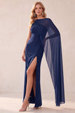 Bateau Neck Sheath Purple Maxi Formal Dress With Cape
