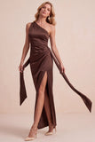 One Shoulder Sheath Navy Ruched Maxi Formal Dress With Sash