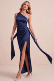 One Shoulder Sheath Navy Ruched Maxi Formal Dress With Sash