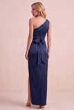 One Shoulder Sheath Navy Ruched Maxi Formal Dress With Sash