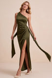 One Shoulder Sheath Navy Ruched Maxi Formal Dress With Sash