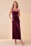 Corset Velvet Burgundy Sheath Ruched Square Neck Midi Wedding Guest Dress