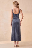 Corset Velvet Burgundy Sheath Ruched Square Neck Midi Wedding Guest Dress