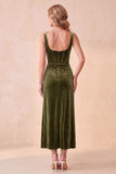 Corset Velvet Burgundy Sheath Ruched Square Neck Midi Wedding Guest Dress