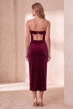 Strapless Sheath Olive Velvet Midi Wedding Guest Dress with Bow