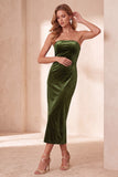 Strapless Sheath Olive Velvet Midi Wedding Guest Dress with Bow