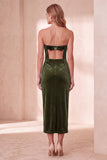 Strapless Sheath Olive Velvet Midi Wedding Guest Dress with Bow