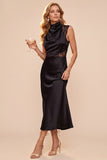 High Neck Sheath Olive Draped Satin Midi Wedding Guest Dress