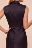 High Neck Sheath Olive Draped Satin Midi Wedding Guest Dress
