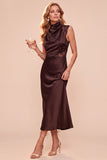 High Neck Sheath Olive Draped Satin Midi Wedding Guest Dress