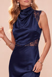 High Neck Sheath Olive Draped Satin Midi Wedding Guest Dress
