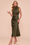 High Neck Sheath Olive Draped Satin Midi Wedding Guest Dress