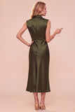 High Neck Sheath Olive Draped Satin Midi Wedding Guest Dress