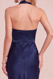 Halter Peacock Green Draped Satin Midi Wedding Guest Dress