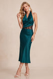 Halter Peacock Green Draped Satin Midi Wedding Guest Dress