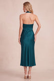 Halter Peacock Green Draped Satin Midi Wedding Guest Dress