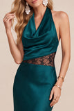Halter Peacock Green Draped Satin Midi Wedding Guest Dress