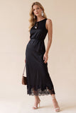 Black Round Neck A Line Lace Midi Wedding Guest Dress