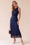 Black Round Neck A Line Lace Midi Wedding Guest Dress