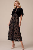 A Line Black Floral Velvet Midi Wedding Guest Dress With Cape Sleeves