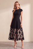 Black Floral A Line Cap Sleeve Midi Wedding Guest Dress