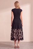 Black Floral A Line Cap Sleeve Midi Wedding Guest Dress