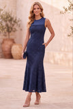 Round Neck Mermaid Lace Dark Blue Midi Formal Dress