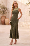 Round Neck Mermaid Lace Dark Blue Midi Formal Dress