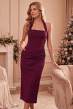 Halter Sheath Dark Blue Ruched Midi Wedding Guest Dress