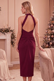 Halter Sheath Dark Blue Ruched Midi Wedding Guest Dress