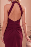 Halter Sheath Dark Blue Ruched Midi Wedding Guest Dress