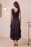 A Line Black Cowl Neck High-Low Holiday Party Dress With Pockets