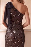 One Shoulder Sequins Coffee Sheath Midi Holiday Party Dress