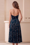 Strapless A Line Burnout Velvet Navy Midi Holiday Party Dress With Pockets