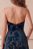 Strapless A Line Burnout Velvet Navy Midi Holiday Party Dress With Pockets