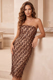 Sequins Strapless Coffee Sheath Midi Holiday Party Dress