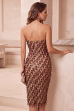 Sequins Strapless Coffee Sheath Midi Holiday Party Dress