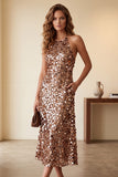 Halter Coffee Sequins A-Line Midi Holiday Party Dress