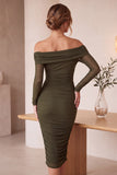 Off The Shoulder Sheath Olive Ruched Midi Holiday Party Dress