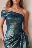 Asymmetrical Neck Metallic Blue Ruched Sheath Midi Holiday Party Dress with Ruffles