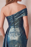 Asymmetrical Neck Metallic Blue Ruched Sheath Midi Holiday Party Dress with Ruffles