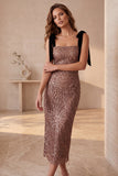 Square Neck Coffee Sequins Sheath Midi Holiday Party Dress