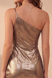 One Shoulder Bodycon Ruched Gold Metallic Mini Cocktail Dress
