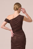 Coffee Sheath Ruched Asymmetrical Neck Sequins Maxi Formal Dress
