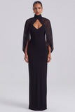 High Neck Sheath Long Black Tie Dress with Cape Sleeves